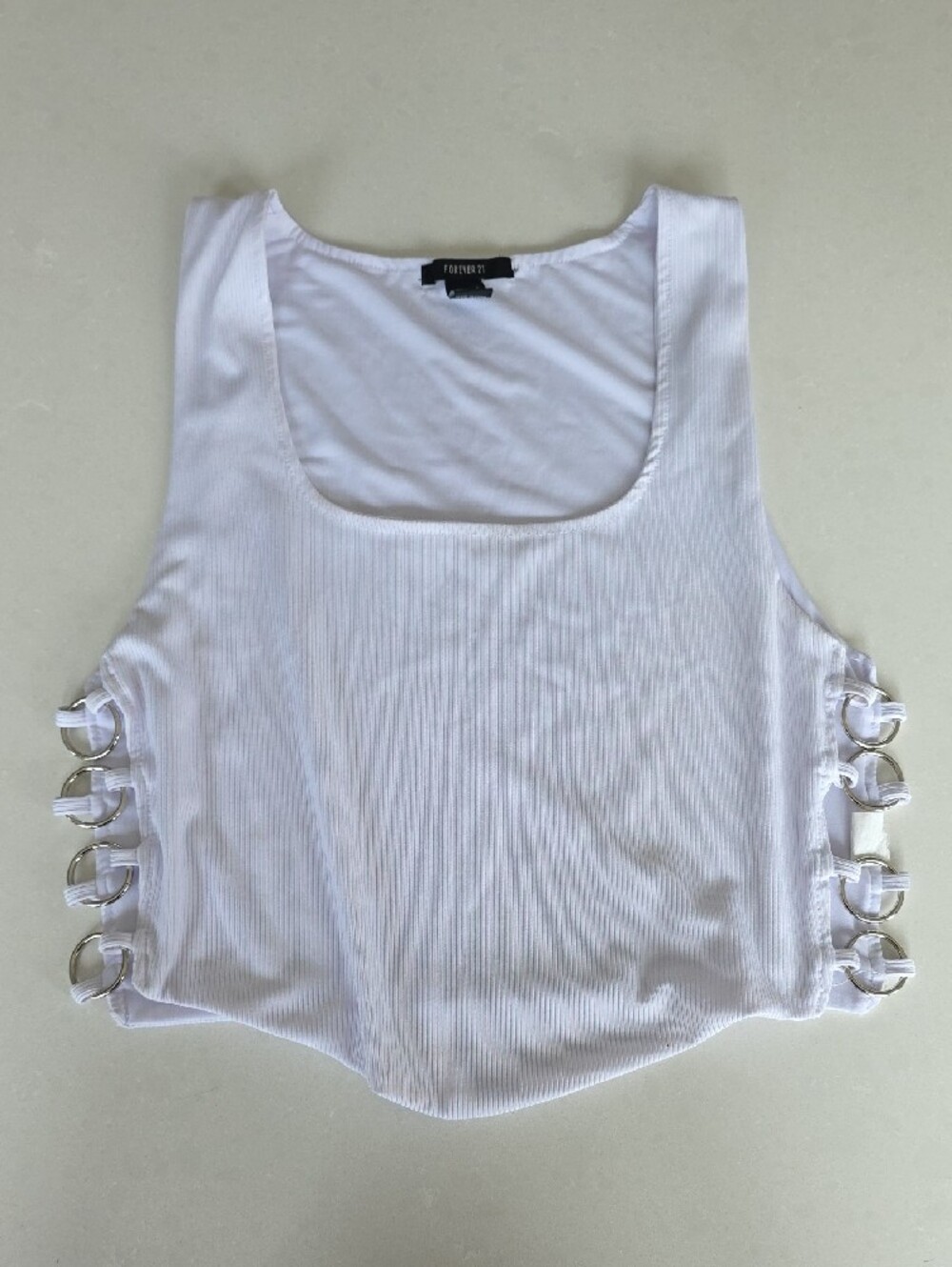 Forever 21 White Ribbed Tank with Side Ring Accents